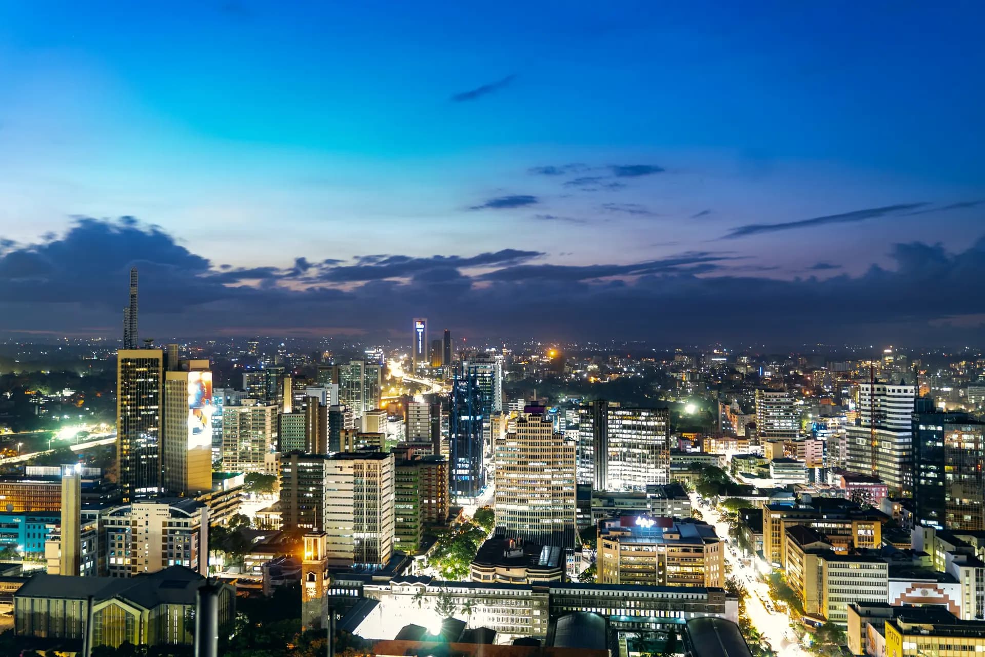 Nairobi’s skyline at dusk as the city lights come on.